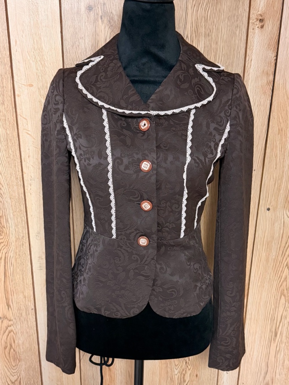 Vintage Besti Belli 80’s Blazer Brown Jacquard Lace Trim Korean Designer Size S